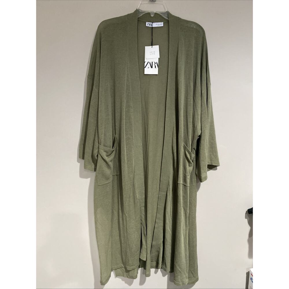 Zara Green Linen Blend Lightweight Long Duster Kimono Sleeve Cardigan Pockets Sm